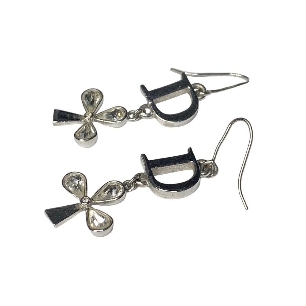 AUTH VTG Christian Dior Silver D Charm Logo Crystal Clover Dangle Hook Earrings - Picture 7 of 13